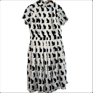 eShakti black & white cat print pleated bottom crepe midi dress size med/10